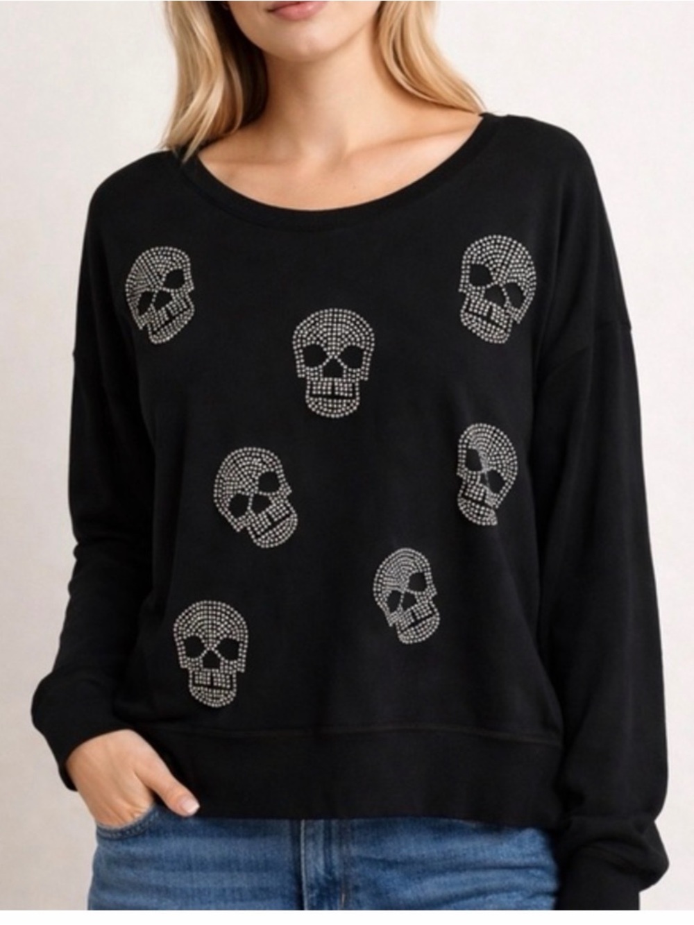 Black Skull Rhinestone Sweatshirt - Women